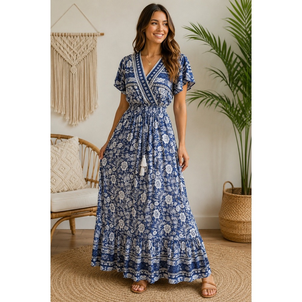Kindred S Floral Boho Tassel Maxi Smocked Waist Mediterranean Cottagecore Beachy